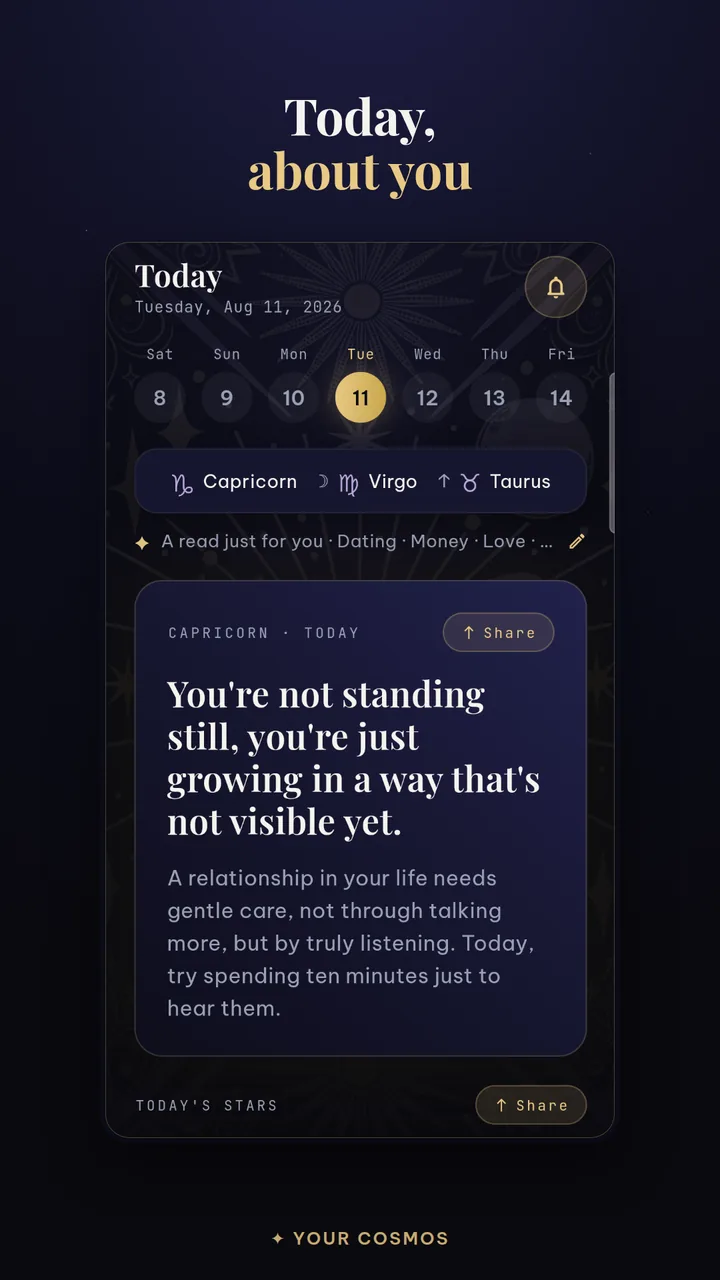 The Today screen in Your Cosmos with a reading written for your sign